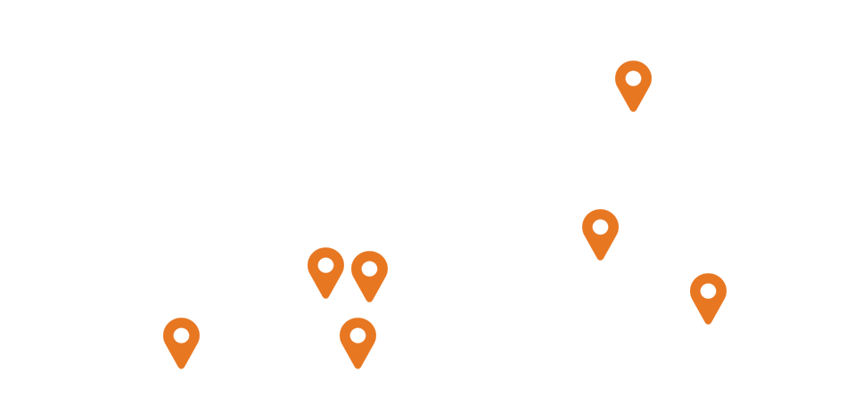 A map of Virginia with orange locator pins