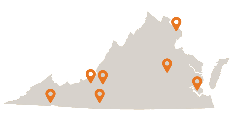 A map of Virginia with orange locator pins