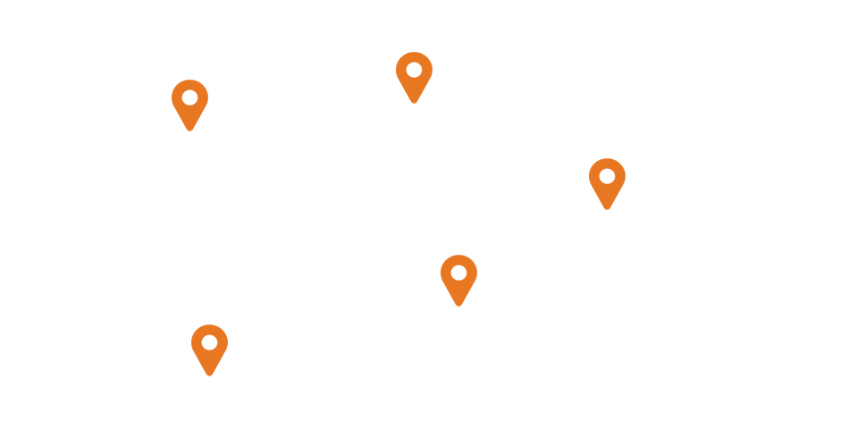 A world map with orange locator pins