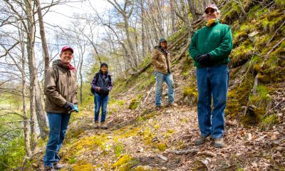 Four people standing on the side of a forest mountain