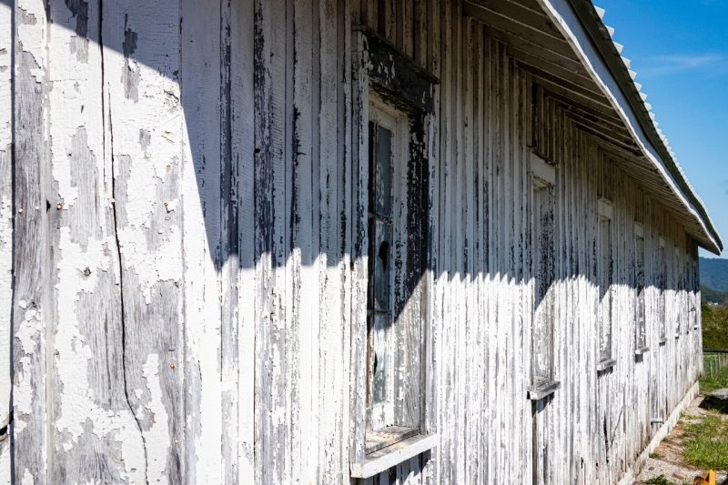 A row of windows along a white, weathered barn.