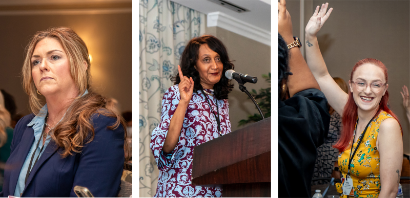 A collage of three photos of women at a past conference.