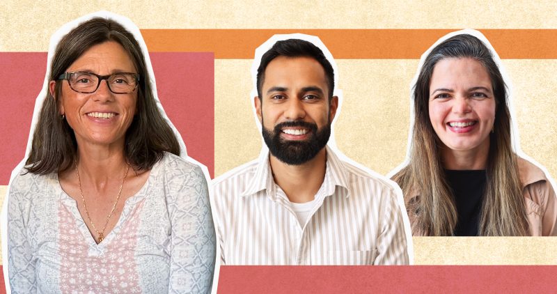 an illustration showing portraits of Elsie Paredes, Michael Garrett, and Livia Cascao